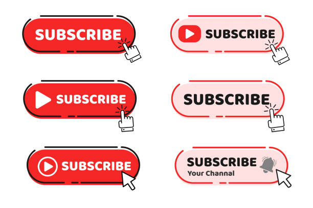 A hand mouse cursor is clicking on the subscribe button on Youtube to track the content on your video. A hand mouse cursor is clicking on the subscribe button on Youtube to track the content on your video. subscription stock illustrations