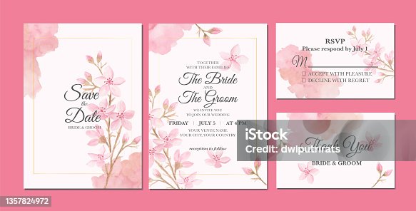 istock Hand painted of beautiful sakura flowers watercolor as wedding invitation template 1357824972