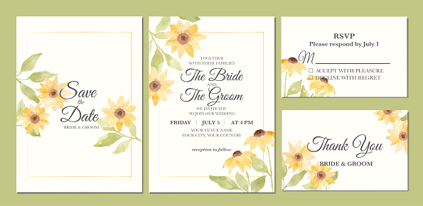Hand painted of sunflower watercolor as wedding invitation.
