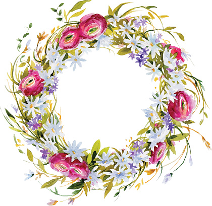 hand painted watercolor wreath. Meadow flowers decoration.