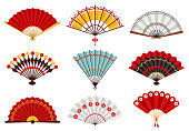 Hand paper fans. Asian traditional folding hand fan, japanese souvenir, wooden chinese hand traditional fans vector illustration icons set. Fan chinese decoration, asian culture souvenir