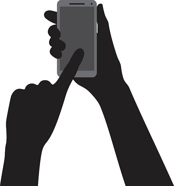 Hand Pointing at Smartphone Silhouette Vector silhouette of a hand holding a smartphone and another hand pointing at it. hand silhouettes stock illustrations