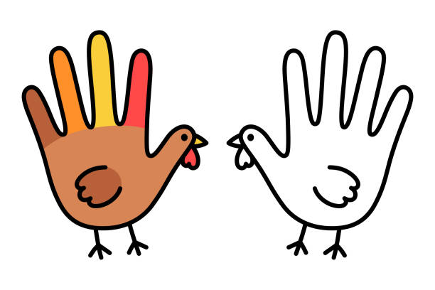 Hand print turkey Simple and cute hand print turkey drawing for Thanksgiving day. Colored doodle and empty line art for coloring. Isolated vector clip art illustration. turkey stock illustrations