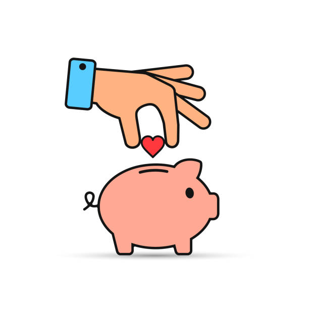 Hand put heart into piggy bank Vector icon, simple color illustration Hand put heart into piggy bank Vector icon, simple color illustration. pig borders stock illustrations