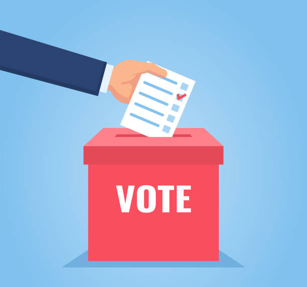 ilustrações de stock, clip art, desenhos animados e ícones de hand puts vote bulletin into vote box. election concept - campaign