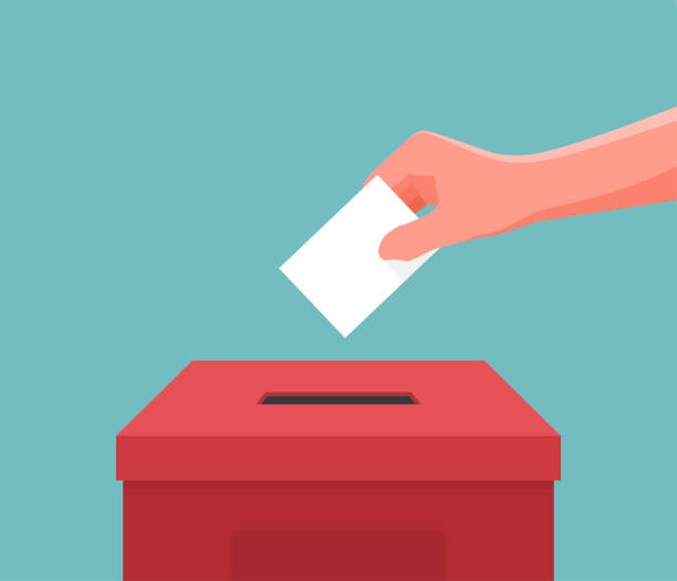 ilustrações de stock, clip art, desenhos animados e ícones de hand putting paper ballot in the box. vector illustration - votar