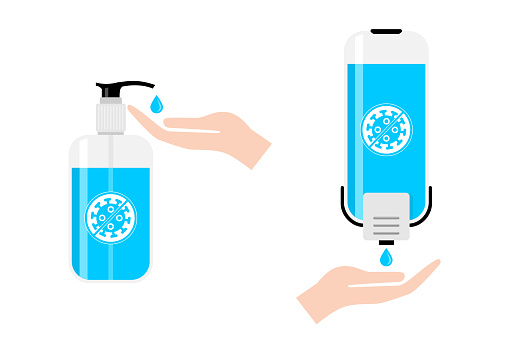 Hand sanitizers. Alcohol rub sanitizers. Container bottle and wall dispenser vector design.