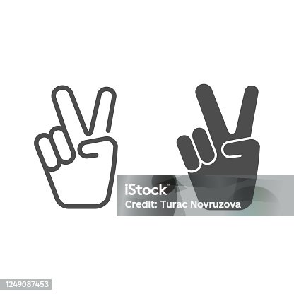 istock Hand shows victory sign line and solid icon, hand gestures concept, victory sign on white background, Peace hand gesture icon in outline style for mobile concept and web design. Vector graphics. 1249087453