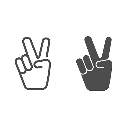 Hand shows victory sign line and solid icon, hand gestures concept, victory sign on white background, Peace hand gesture icon in outline style for mobile concept and web design. Vector graphics