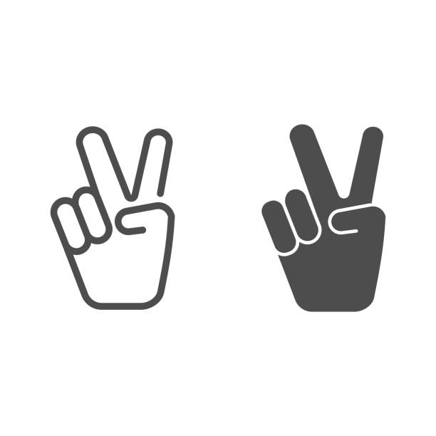 Hand shows victory sign line and solid icon, hand gestures concept, victory sign on white background, Peace hand gesture icon in outline style for mobile concept and web design. Vector graphics. Hand shows victory sign line and solid icon, hand gestures concept, victory sign on white background, Peace hand gesture icon in outline style for mobile concept and web design. Vector graphics human body part stock illustrations