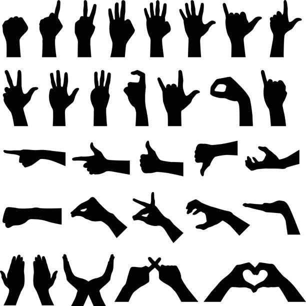 Hand Sign Gesture Silhouettes A set of various hand sign gestures and symbols to present different meanings and ideas across. hand silhouettes stock illustrations