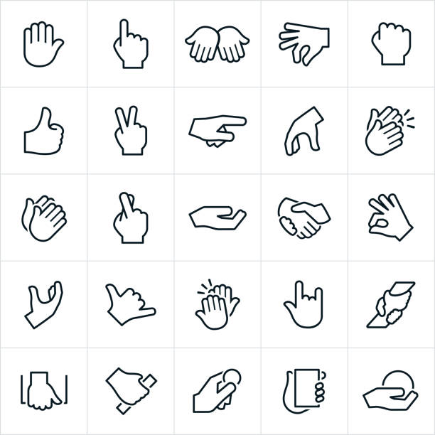 Hand Signals and Gestures Icons Common hand signals and gestures. The gestures are commonly used for non-verbal communication and include pointing, stopping, holding, grabbing, thumbs up, peace sign, clapping, high-five and grasping to name a few. signs and symbols stock illustrations