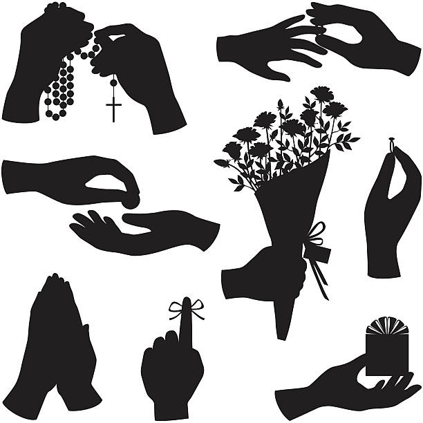 Hand silhouettes Vector hand silhouettes including hand holding rosary, hands praying, hands giving and receiving a coin, hand holding a bouquet of flowers, hand holding up a ring, hand with a gift, hand with a finger tied with string to remember something, and one hand placing a ring on the finger of another hand. hand silhouettes stock illustrations