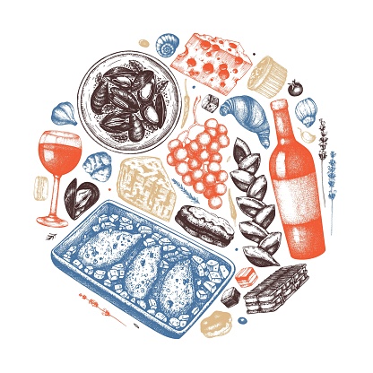 Hand sketched French food and drink illustration