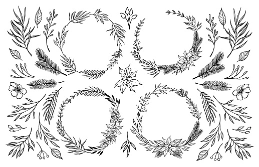 Hand sketched vector illustration. Laurel wreath with floral elements. Christmas elements. Perfect for invitations, greeting cards, Wedding Frames, posters, prints and more