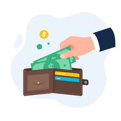 Hand takes banknotes from the wallet. Payment by cash. Vector flat illustration isolated on the white background.