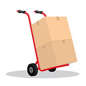 istock Hand truck and cardboard boxes with purchases or post package. Flat and solid color vector illustration. 1368056045