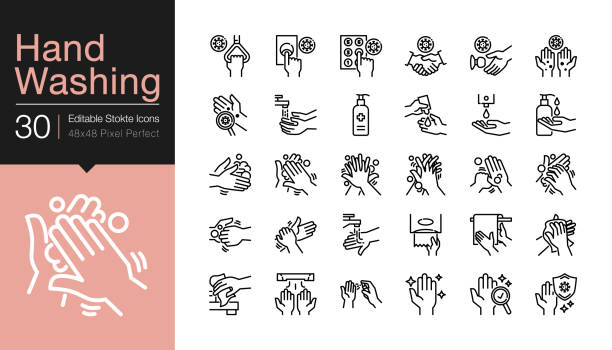 Hand washing icons. Hygiene care, antibacterial, protect from coronavirus (covid-19). Modern line design. Hand washing icons. Hygiene care, antibacterial, protect from coronavirus (covid-19). Modern line design. For presentation, graphic design, mobile application or UI. Editable Stroke. Vector illustration. hygiene stock illustrations