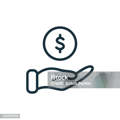 istock Hand with Dollar Coin line icon. Charity and Donation Concept. Financial Help for Needy. Sponsorship Supporter Linear Icon. Editable Stroke. Vector illustration 1330591104