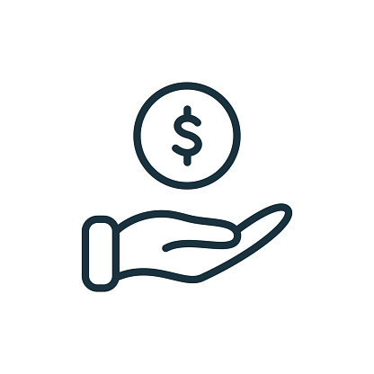 Hand with Dollar Coin line icon. Charity and Donation Concept. Financial Help for Needy. Sponsorship Supporter Linear Icon. Editable Stroke. Vector illustration.