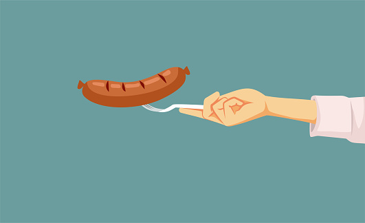 Hand with Fork Holding a Delicious Sausage Vector Cartoon Illustration