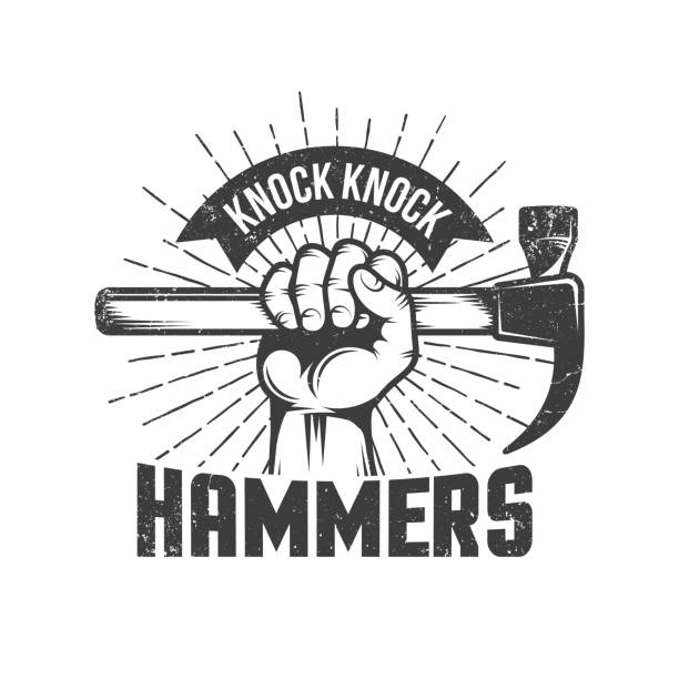 Hand with hammer Hand with hammer and knock knock words on white.  Worn out texture on separate layer. Retro vector illustration. hammer stock illustrations