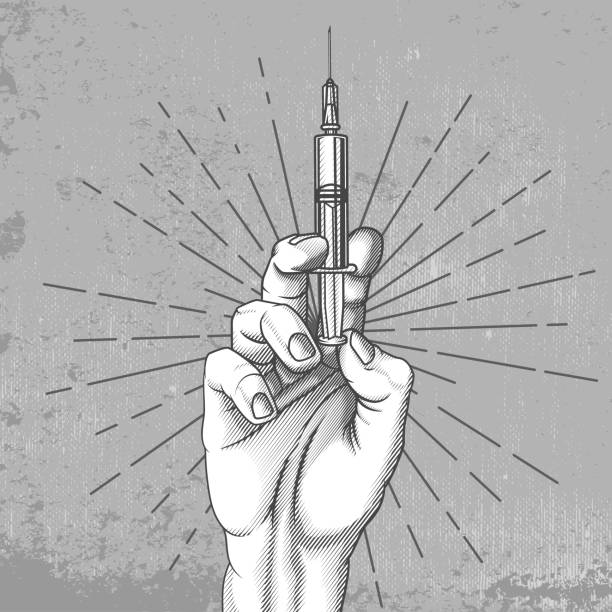Hand with injection syringe. Vector illustration in engraving technique of doctor hand with medical injection syringe. Isolated on grunge background. nurse drawings stock illustrations