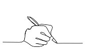 istock Hand with Pen a Person writes on paper Record Write a Letter sign an agreement Contract Continuous Line drawing on white isolated vector trendy  illustration 1368011030