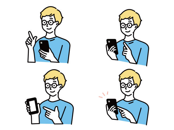 스마트폰(스마트폰, sns, 소셜, 무현금, 네트워크)을 가진 남자의 일러스트레이션. 온라인 쇼핑 및 지불을 위해 모바일 스마트 폰을 사용하여 바코드를 스캔하는 남자의 qr 코드 개념 그림 - スマホ stock illustrations