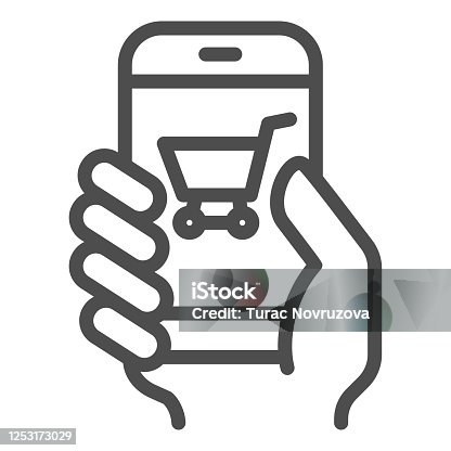 istock Hand with smartphone line icon, shopping concept, mobile payment through phone sign on white background, Supermarket online shopping mobile phone with credit card icon in outline style. 1253173029