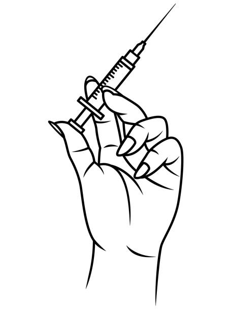 Hand with Syringe Retro Line Art A hand holding a syringe. File is built in CMYK for optimal printing. anti vaccination stock illustrations
