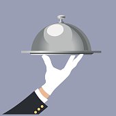 Hand of waiter with serving tray. Vector illustration