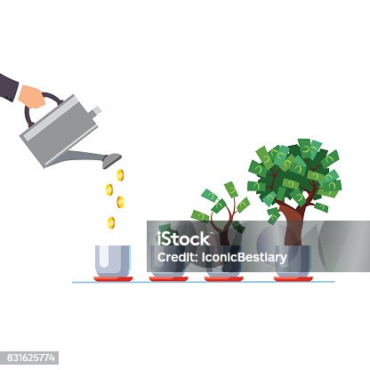 istock Hand with watering can pouring golden coins money 831625774