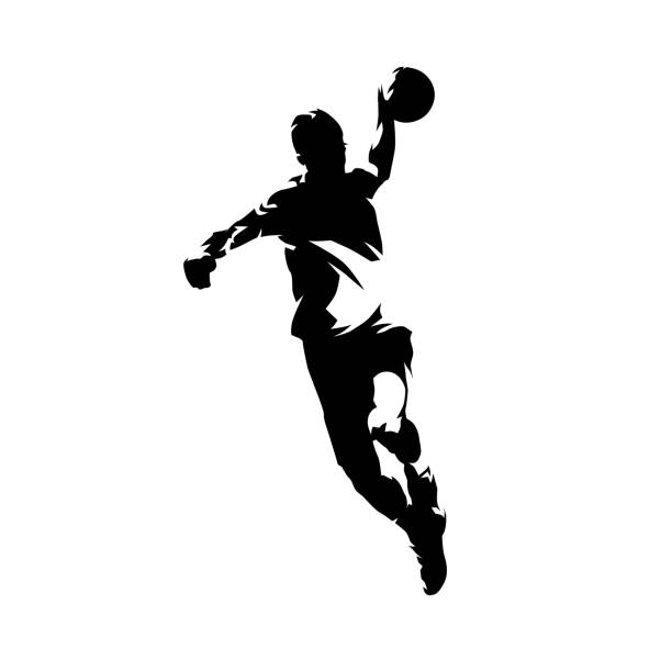 手球運動員投球和進球，墨畫孤立的向量剪影，前視圖 - 手球 幅插畫檔、美工圖案、卡通及圖標