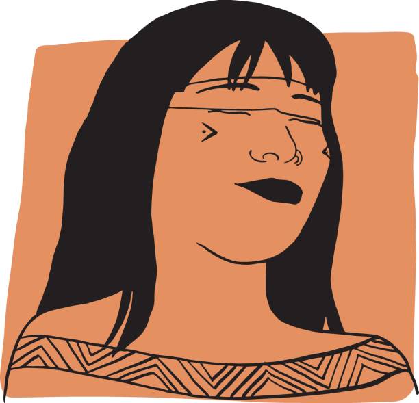 オレンジ色のサンプルカラーを持つ部族の女性の手描きの輪郭の肖像画 - ネイティブアメリカン点のイラスト素材／クリップアート素材／マンガ素材／アイコン素材