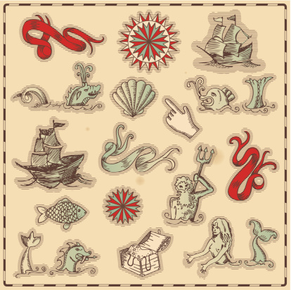 Hand-drawn antique ocean navigation icons