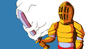 Hand-drawn cartoon banner illustration - Knight with sword in hand.
