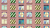 Hand-drawn cartoon cute seamless illustration - Windows of a brick house. Set of icons.
