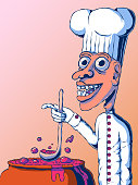 Hand-drawn cartoon funny illustration - Chef making soup.
