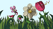 Hand-drawn cartoon funny illustration of flowers in the field. Flowers and berries with anthropomorphic faces.