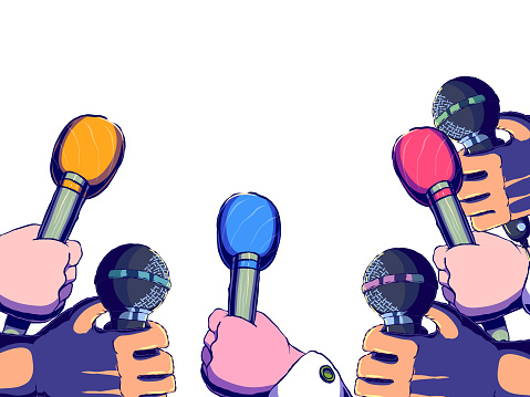 Hand-drawn cartoon illustration banner - Stretching hands with microphones.