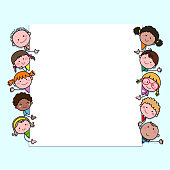 Hand-drawn cartoon kids looking at blank sign with copy space. Background with cute cartoon children.