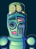Hand-drawn cartoon vector illustration - Cyborg portrait. Human robot with brains.