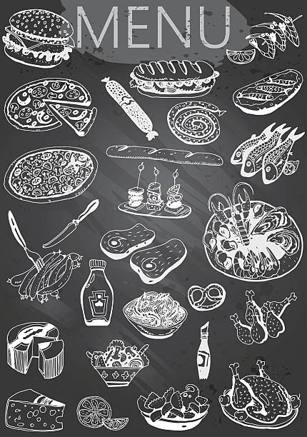 Hand-drawn chalkboard menu Hand-drawn chalkboard menu with texture and text cheese borders stock illustrations