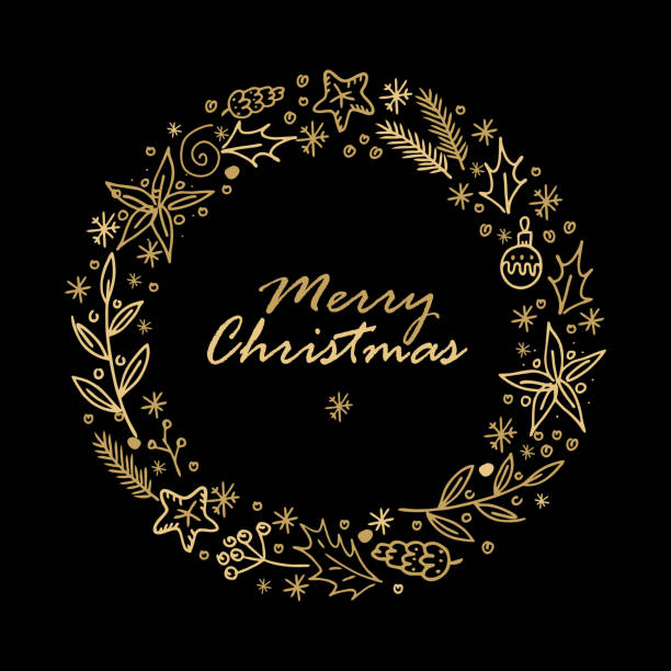 Hand-drawn Christmas wreath. Spruce branches, berries, Holly, ilex and a Christmas star in a raw rough linear style. Gold elements on a black background. Vector illustration. Merry Christmas text. Hand-drawn Christmas wreath. Spruce branches, berries, Holly, ilex and a Christmas star in a raw rough linear style. Gold elements on a black background. Vector illustration. Merry Christmas text branch plant part stock illustrations