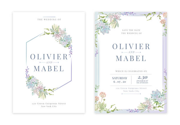 Handdrawn floral wedding invitation card Green succulent flowers watercolor wedding invitation card with text layout wedding borders stock illustrations