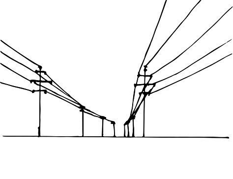 Hand-drawn ink simple vector drawing. Poles with electrical wires, perspective, horizon, black outline on a white background. Connection, electrification.