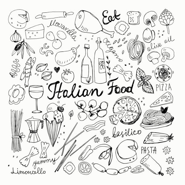 Hand-drawn Italian Food Doodles Vector Illustration of Hand-drawn Italian Food Doodles. Pizza, Pasta, Ice Cream, Tomato Sketchy Drawings pasta drawings stock illustrations