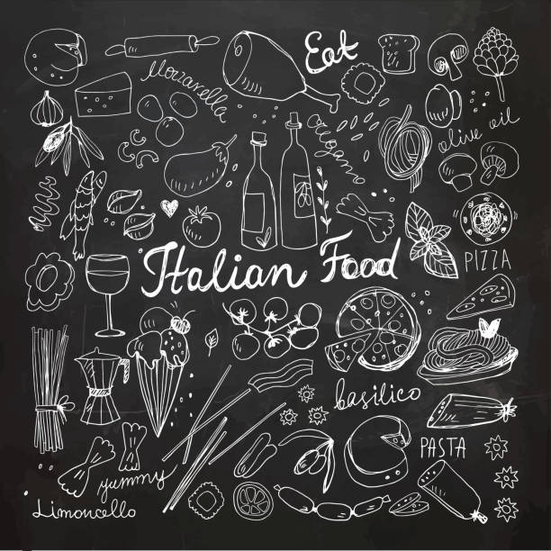 Hand-drawn Italian Food Doodles Vector Illustration of Hand-drawn Italian Food Doodles. Pizza, Pasta, Ice Cream, Tomato. Chalkboard Drawing. cheese clipart stock illustrations