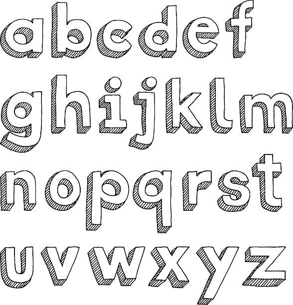 Hand-drawn lower-case alphabet in Sans Serif font Hand-drawn image of all letters of the alphabet arranged in four rows in front of a white background.  All the letters are in lower case.  They are black and white and are drawn with san serif font style.  They are also drawn in 3D style.  The first row at the top contains letters A to F.  The second row contains letters G through M.  The third row contains letters N through T, and the last row at the bottom contains letters U through Z.  All of the letters have some line details on the sides. alphabet clipart stock illustrations